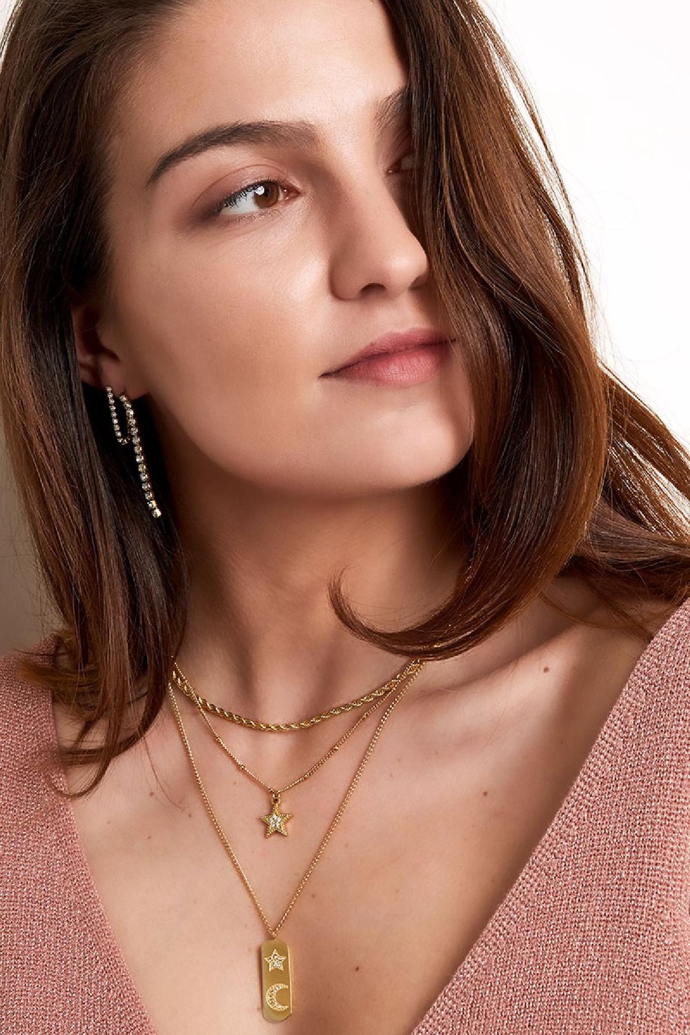 Halskette Doppelkette Stern & Mond Goldfarbe Edelstahl h5Bild2